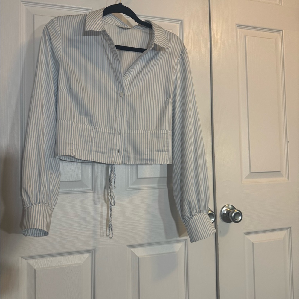 Striped Cropped Button-Up Shirt